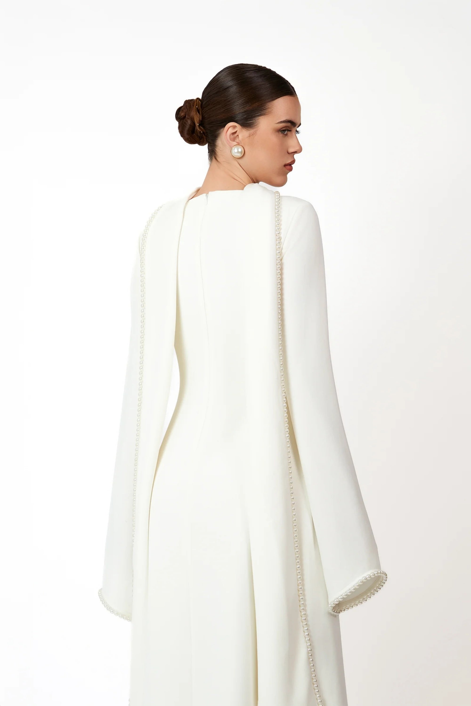 Piroska White Pearl Trim Shawl Detail Maxi Dress