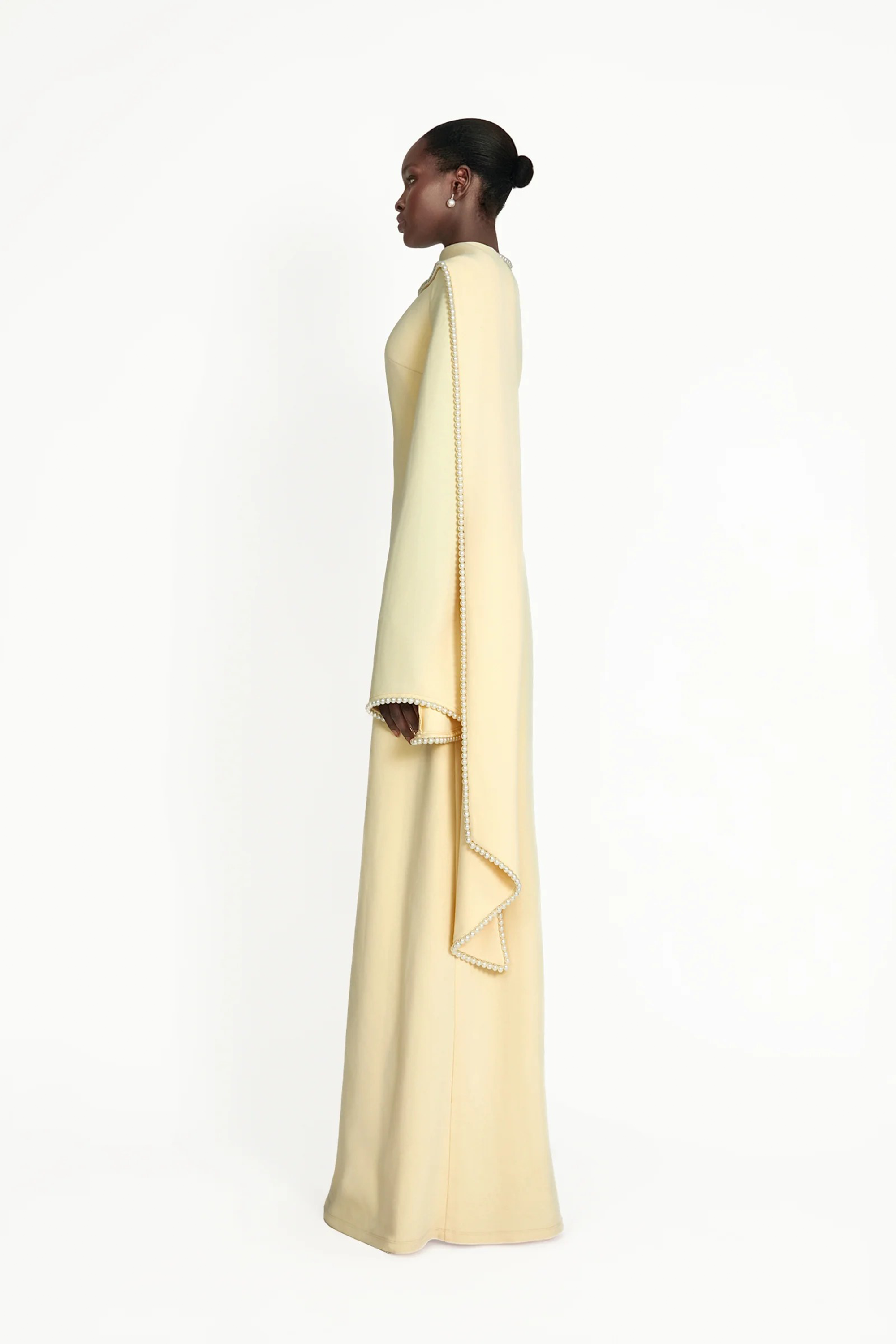Piroska Yellow Pearl Trim Shawl Detail Maxi Dress