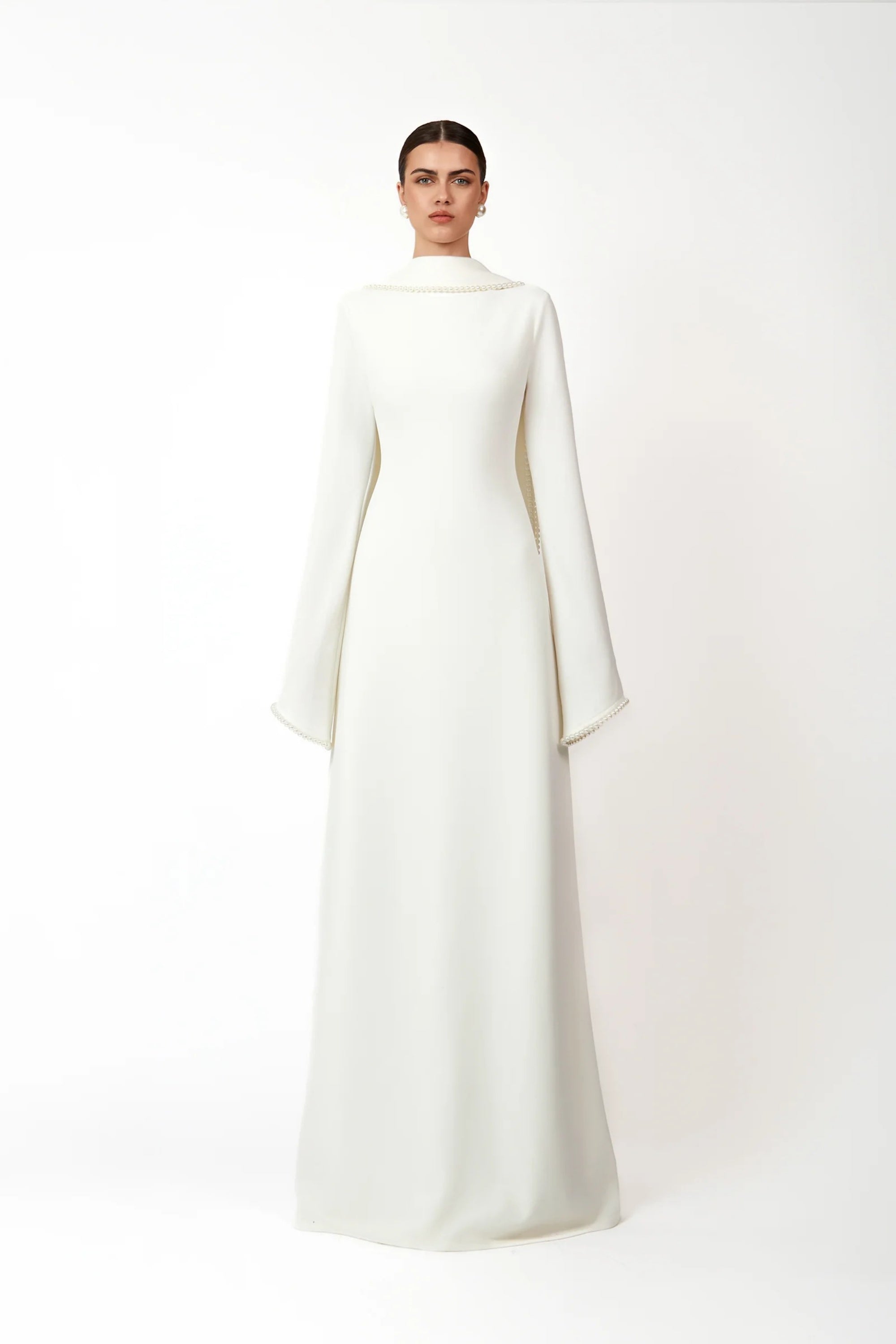 Piroska White Pearl Trim Shawl Detail Maxi Dress