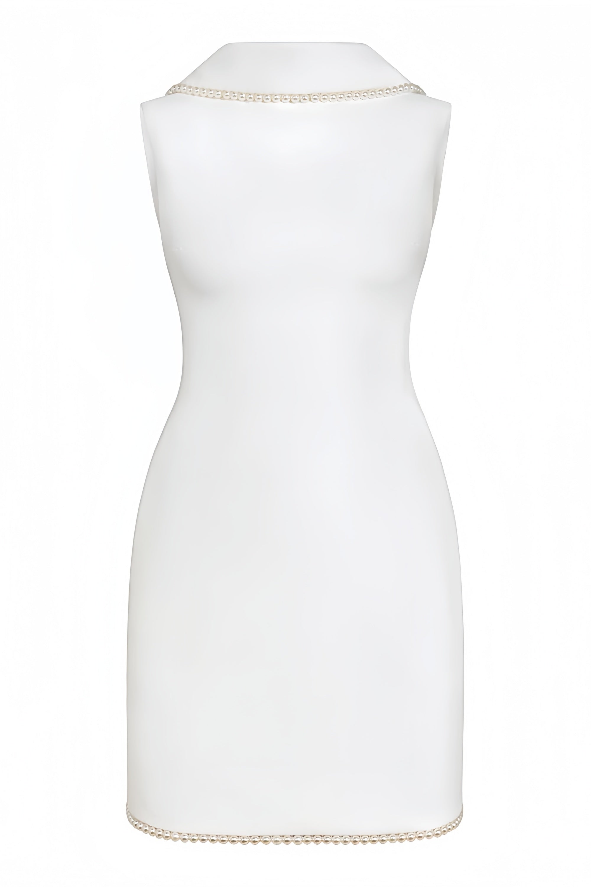 Piroska White Sleeveless Pearl Trim Mini Dress