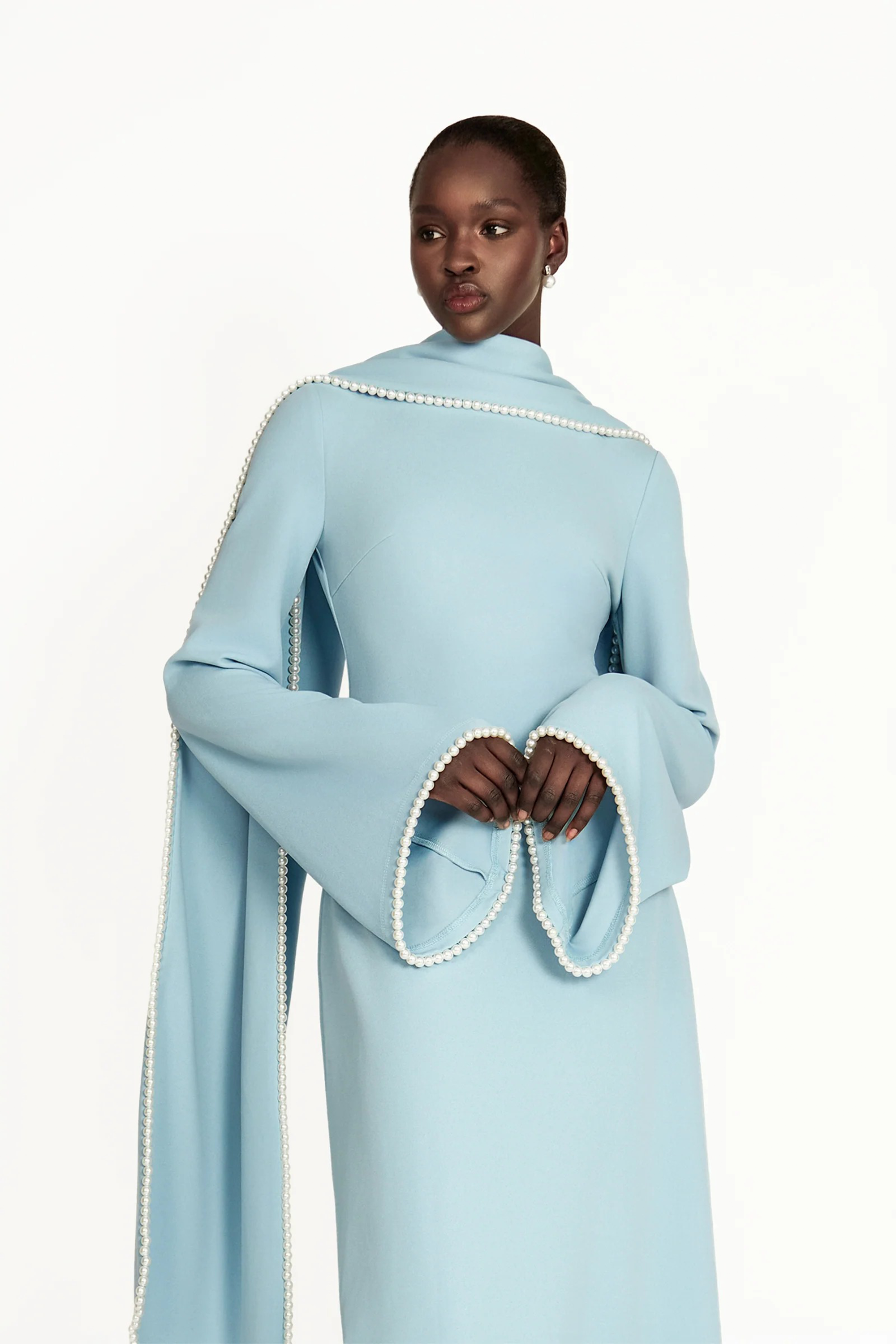 Piroska Blue Pearl Trim Shawl Detail Maxi Dress