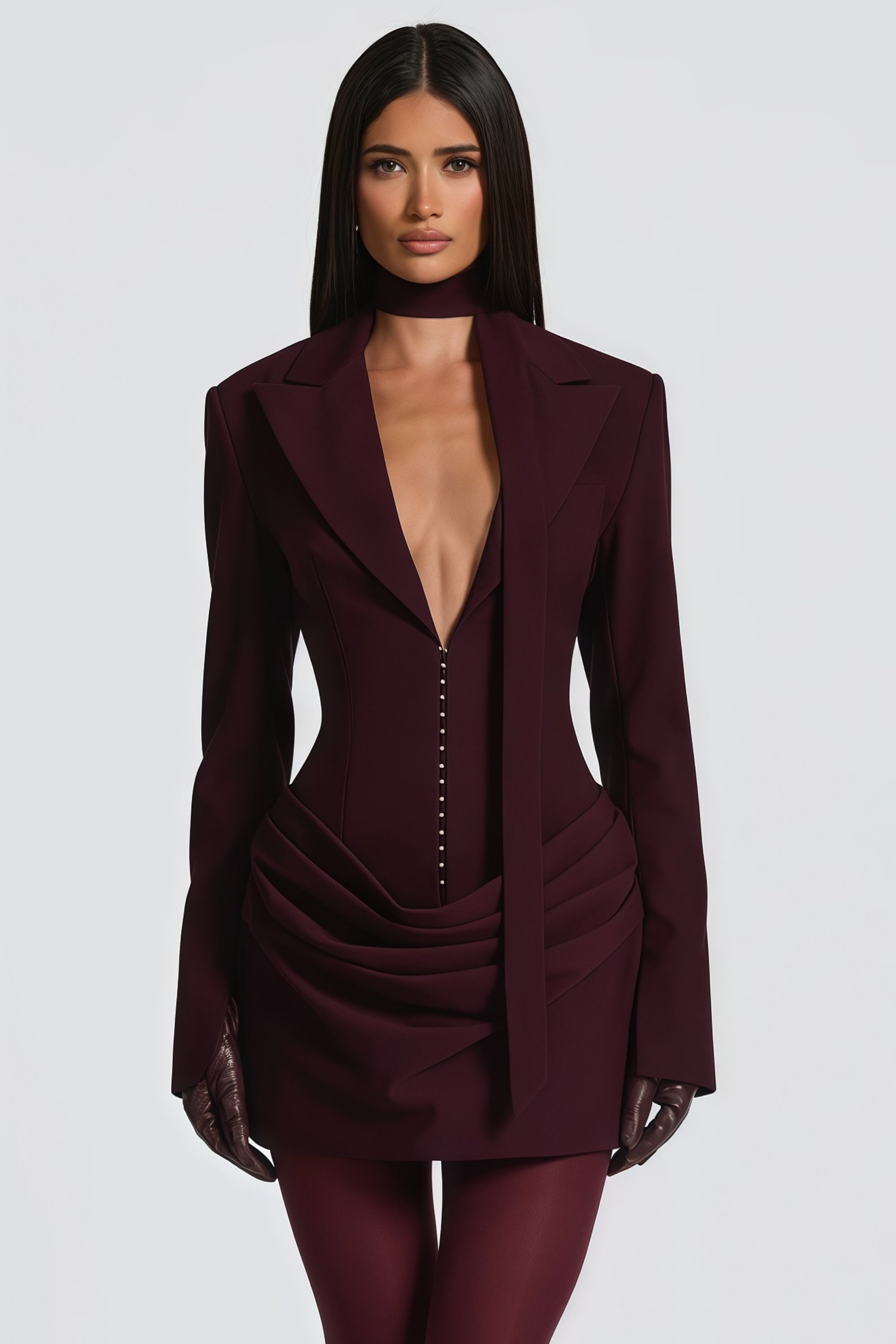 Rosette Wine Red Ruched Blazer Mini Dress