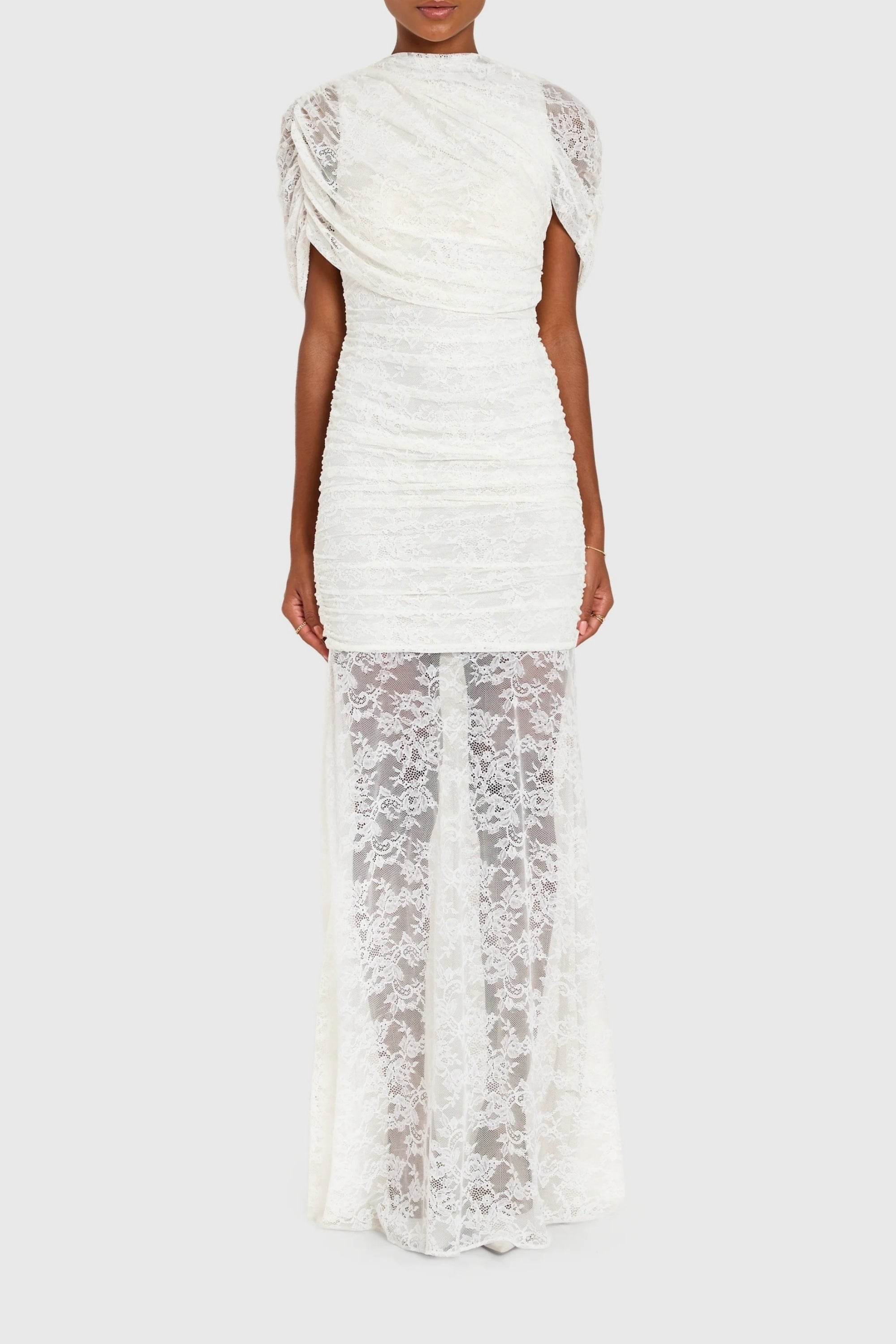 Sylphe White Asymmetrical Ruched Mesh Maxi Dress