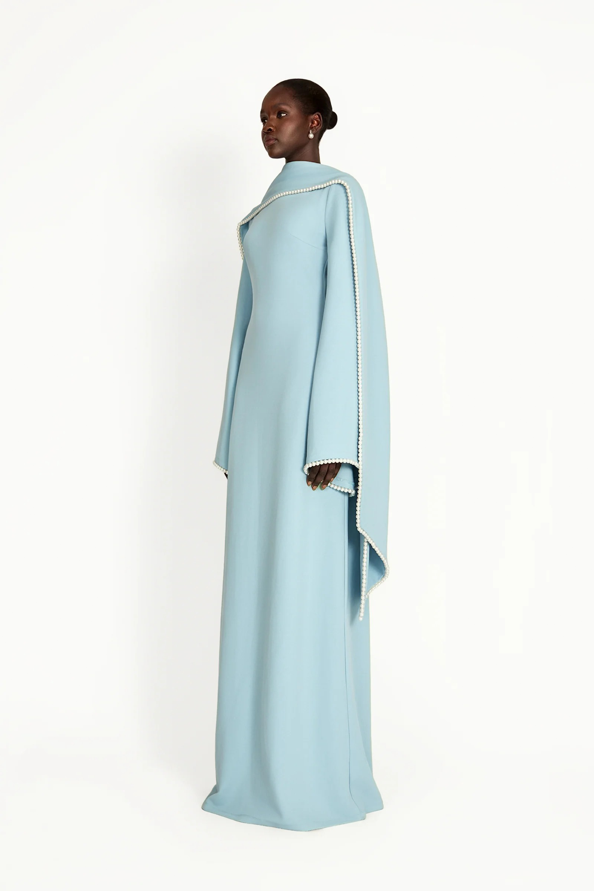 Piroska Blue Pearl Trim Shawl Detail Maxi Dress