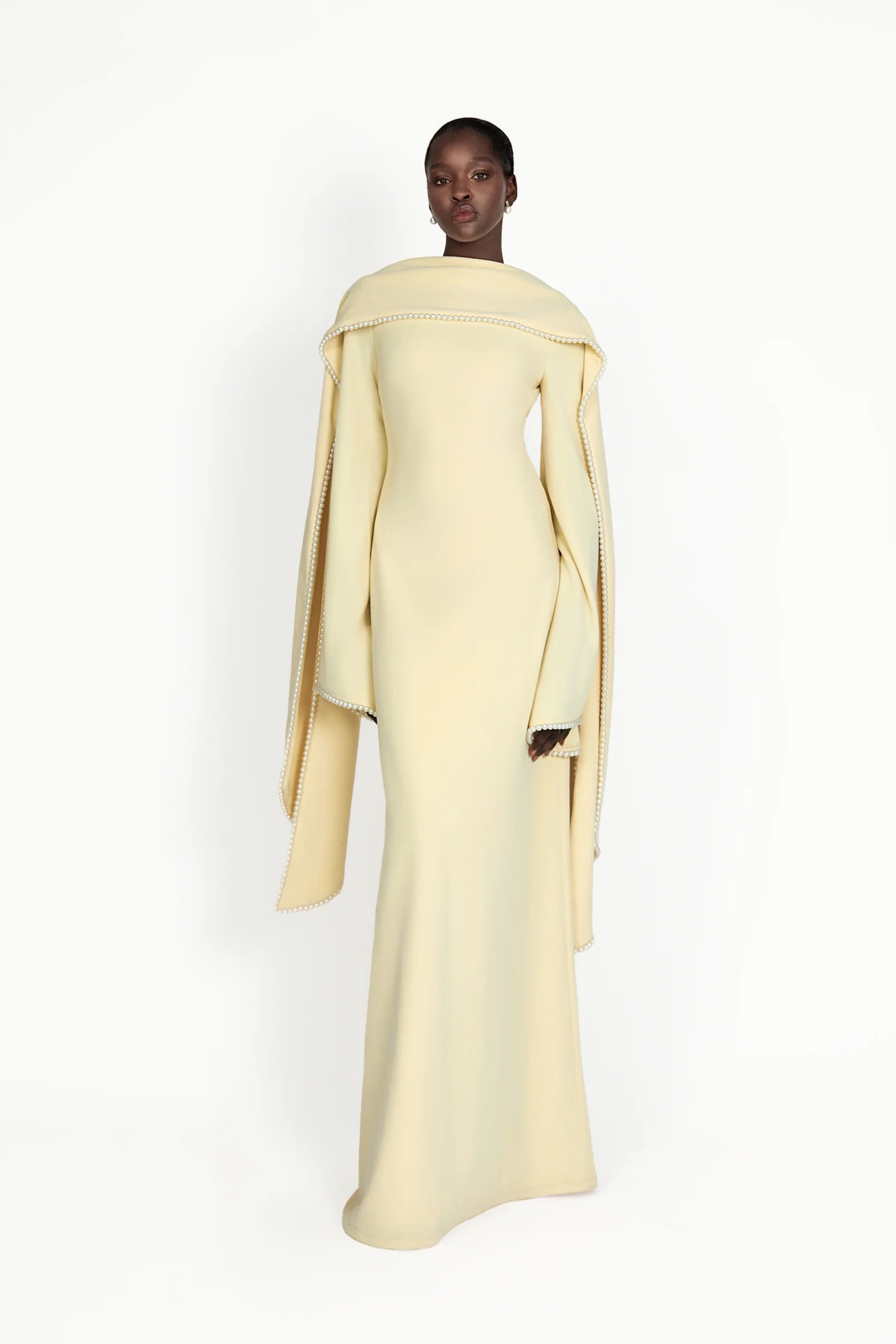 Piroska Yellow Pearl Trim Shawl Detail Maxi Dress
