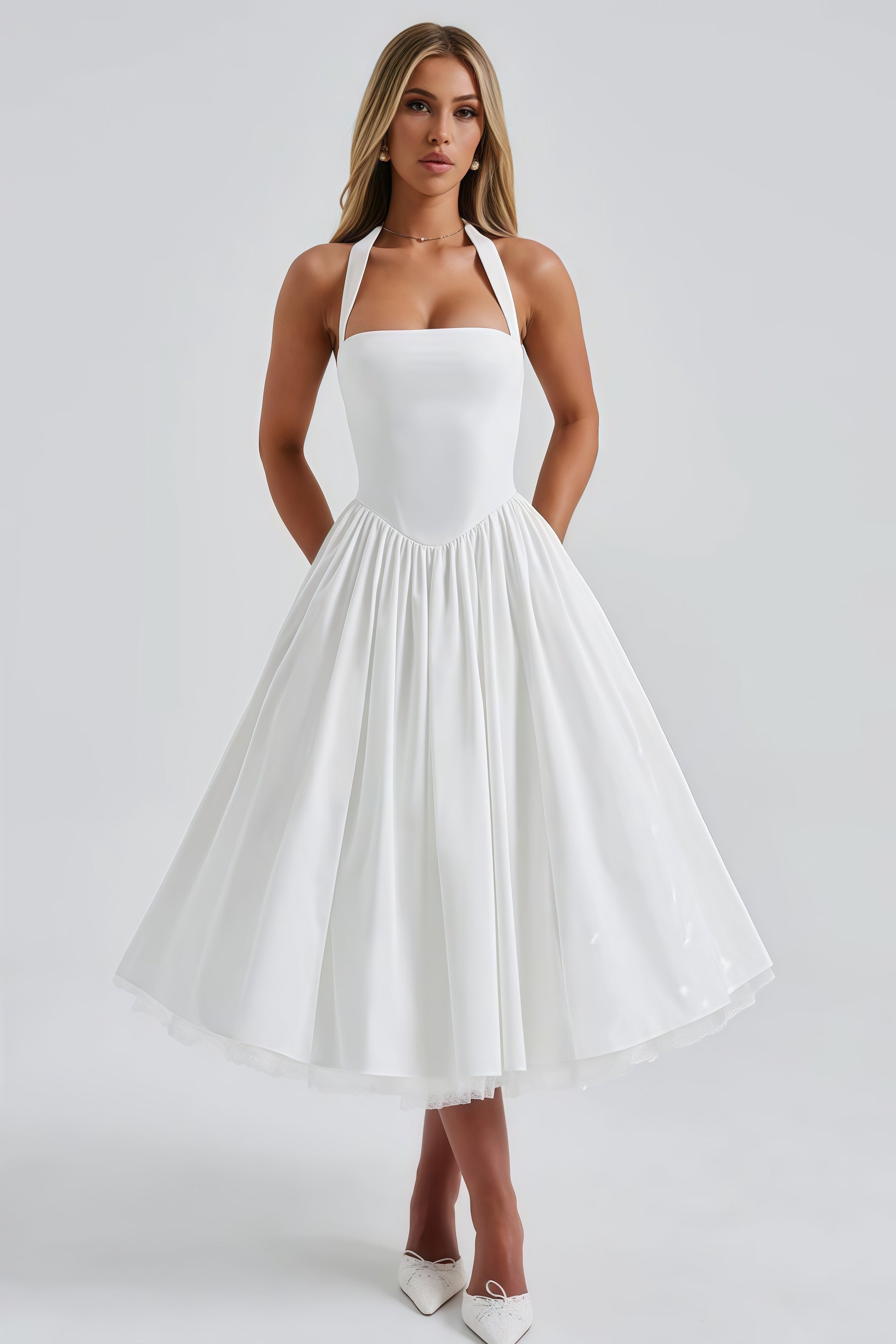 Eponine White Layered Flared Hem Midi Dress