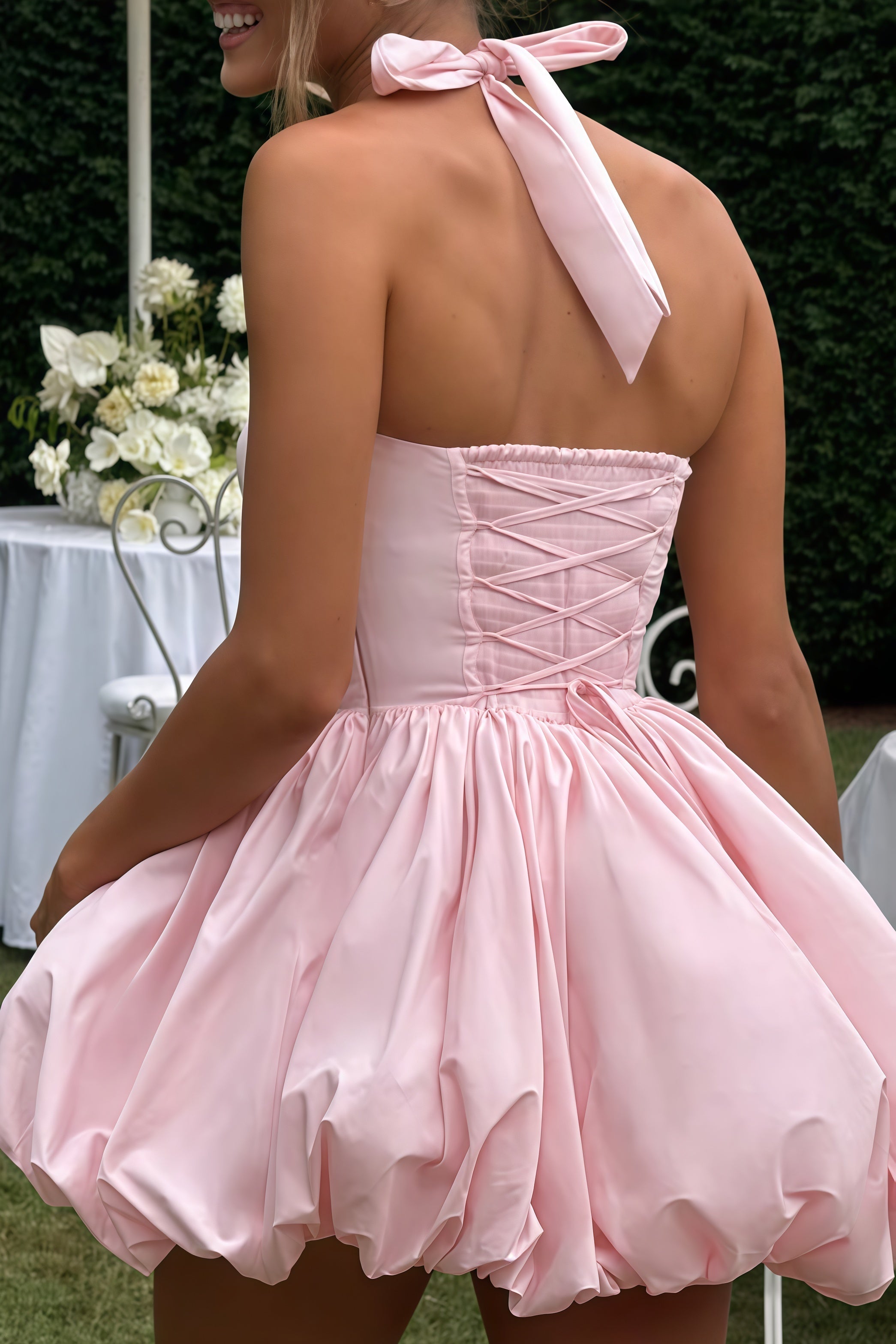 Anaelle Pink Shirred Puffball Mini Dress