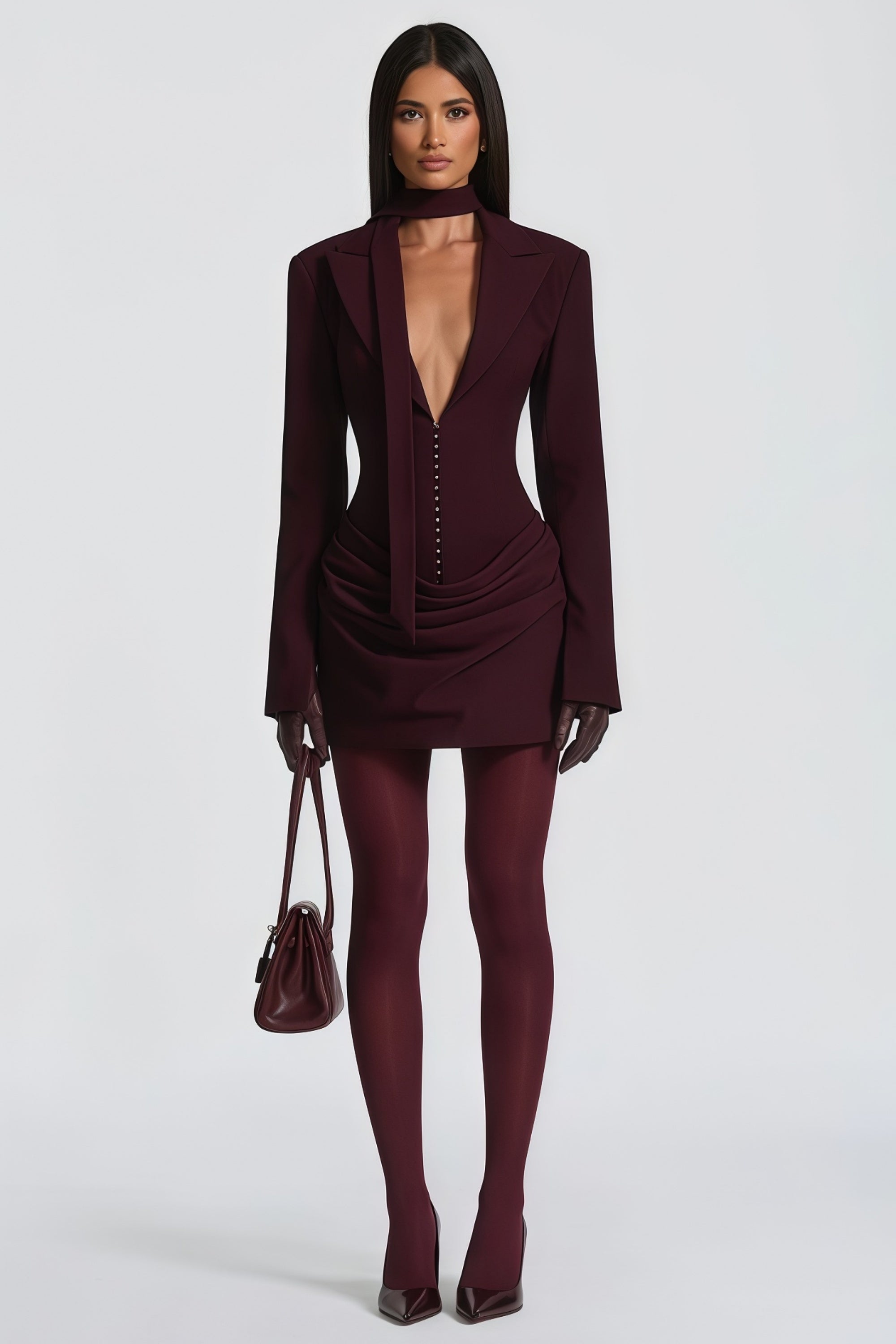Rosette Wine Red Ruched Blazer Mini Dress