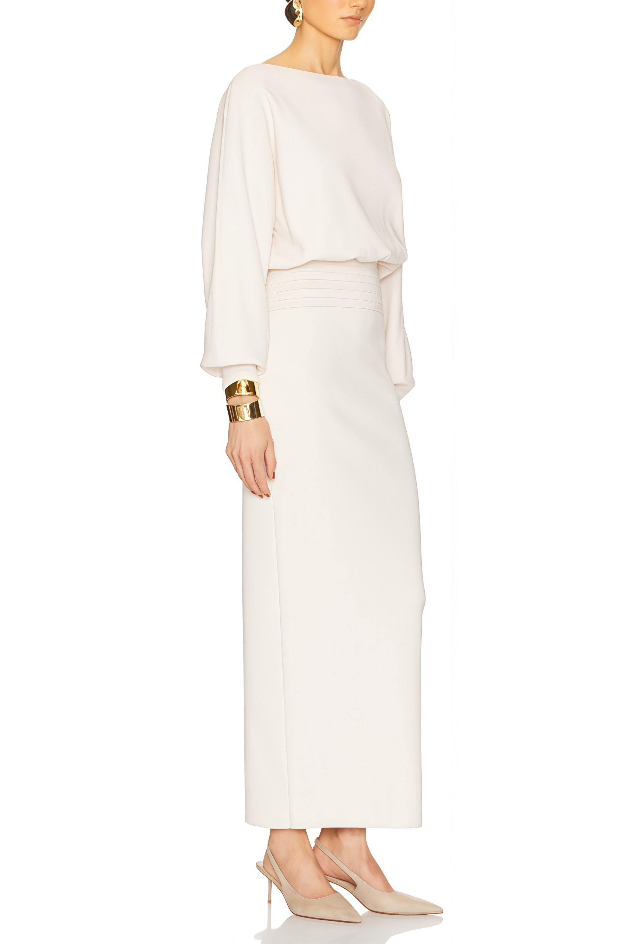 Boglárka White Cinched Knitted Waist Midi Dress