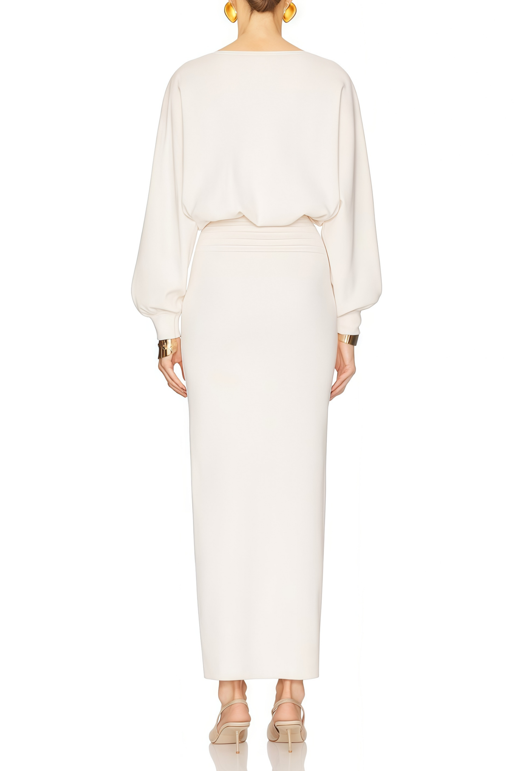 Boglárka White Cinched Knitted Waist Midi Dress (Final Sale)