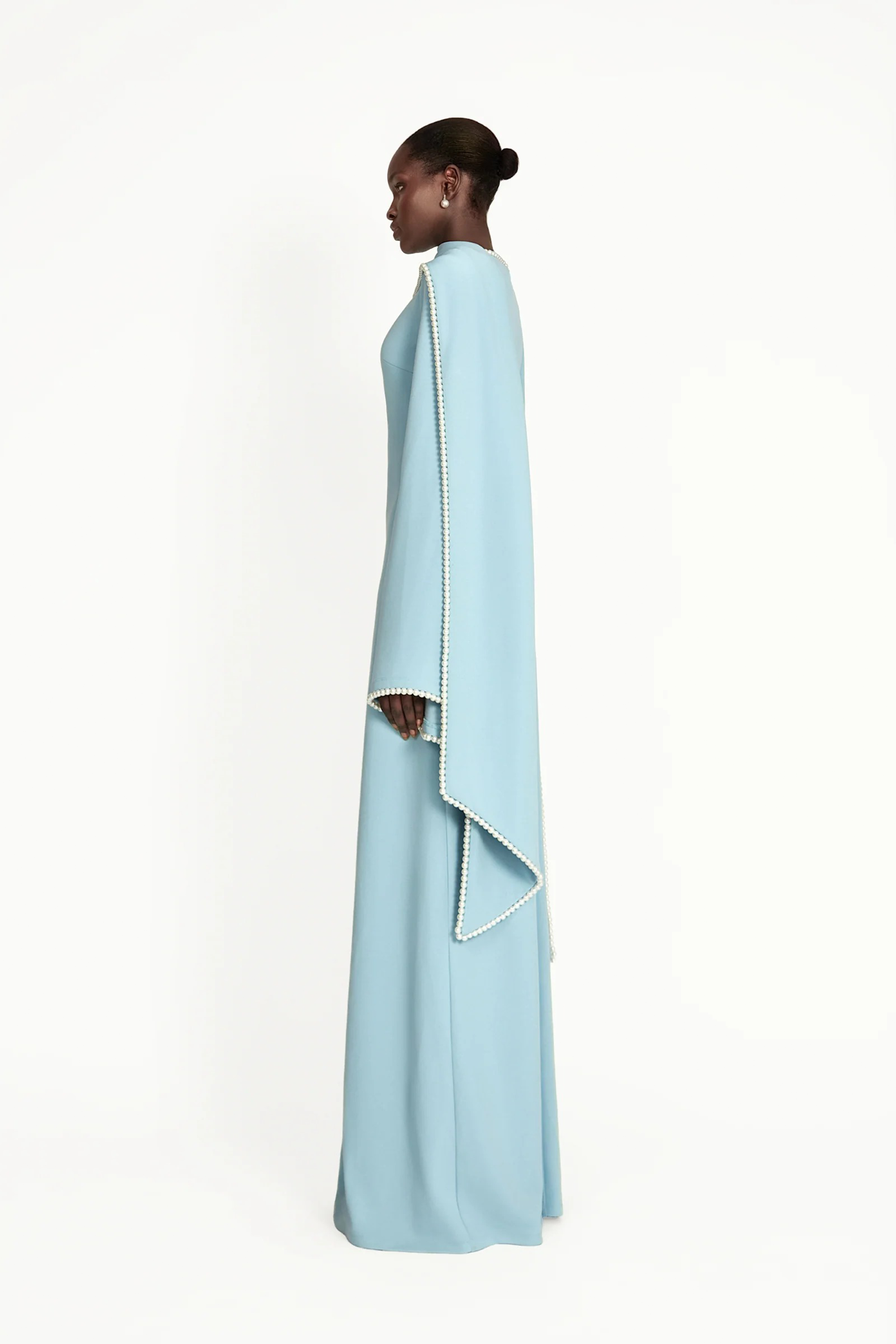 Piroska Blue Pearl Trim Shawl Detail Maxi Dress