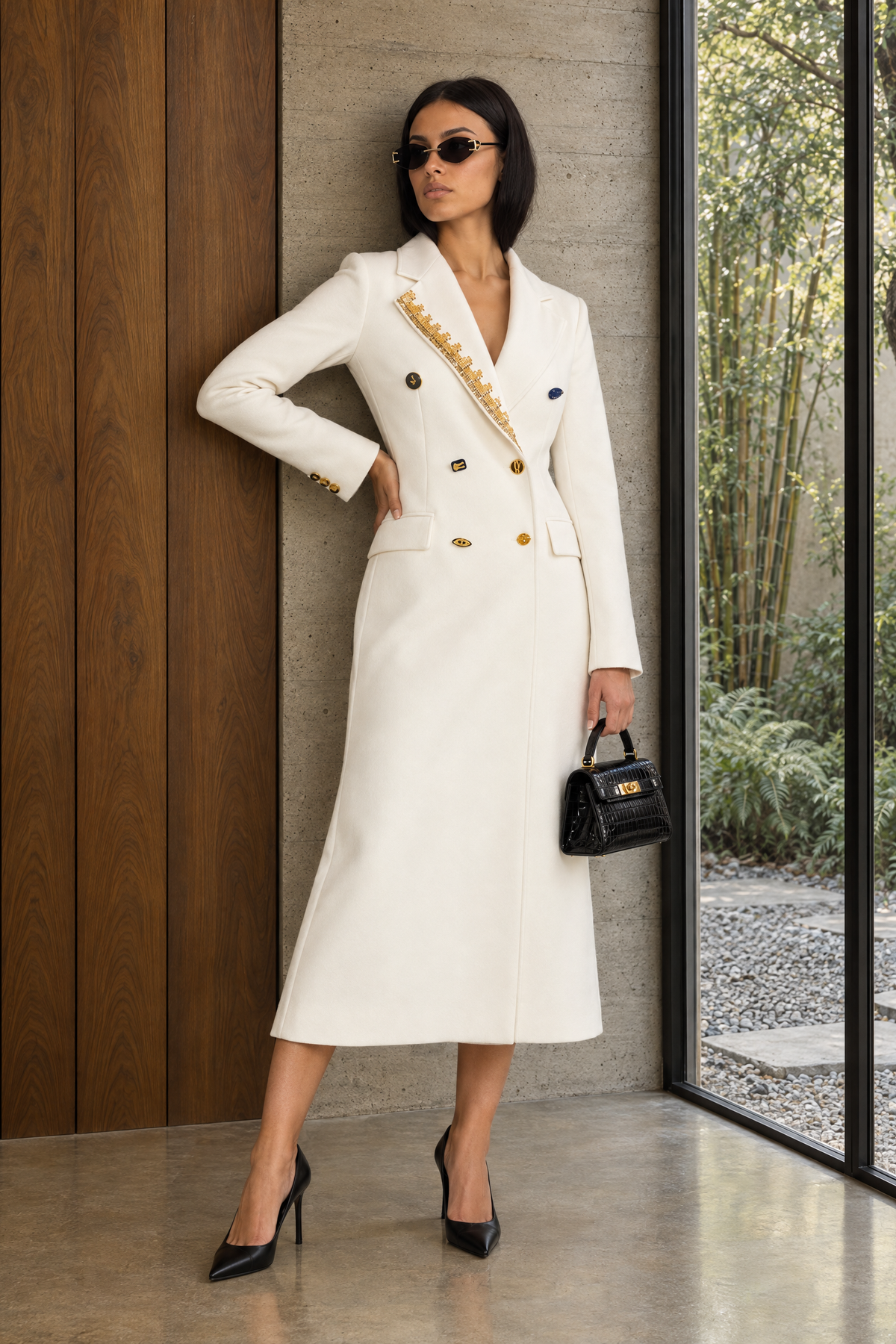 Pénélope White Embellished Lapel Double-Breasted Longline Coat