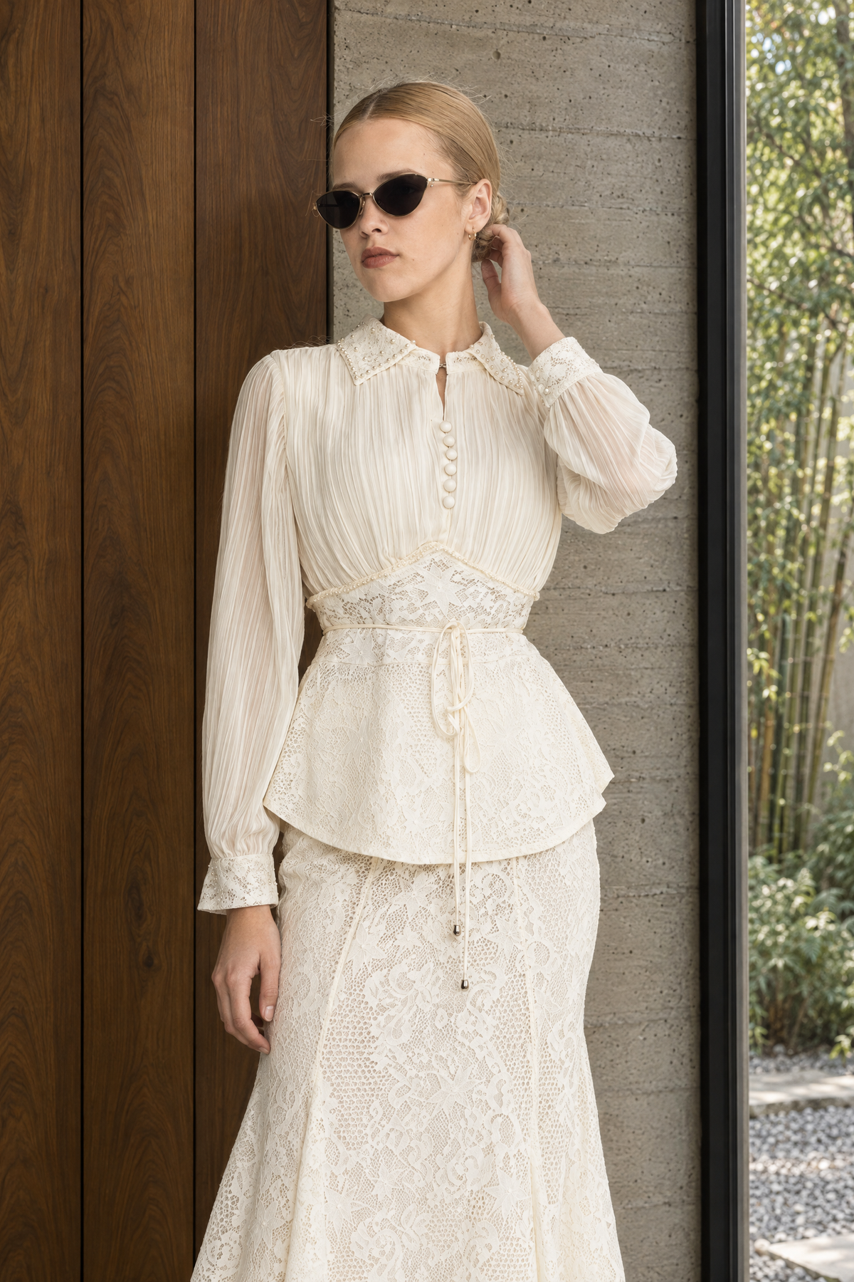 Rosalind Ivoire Pleated Chiffon Lace Peplum Blouse and Maxi Skirt Set