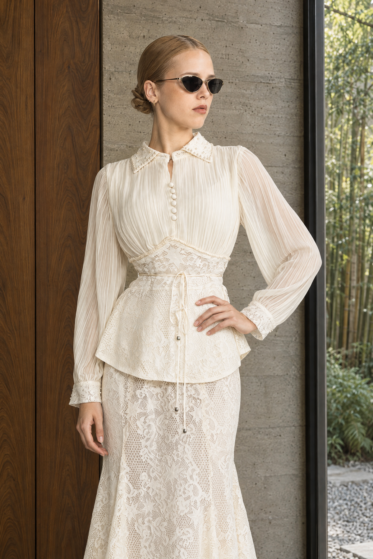 Rosalind Ivoire Pleated Chiffon Lace Peplum Blouse and Maxi Skirt Set