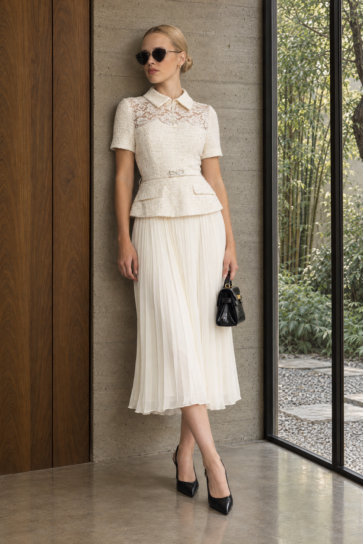 Domitille Ivoire Lace Yoke Tweed Peplum Dress with Pleated Skirt