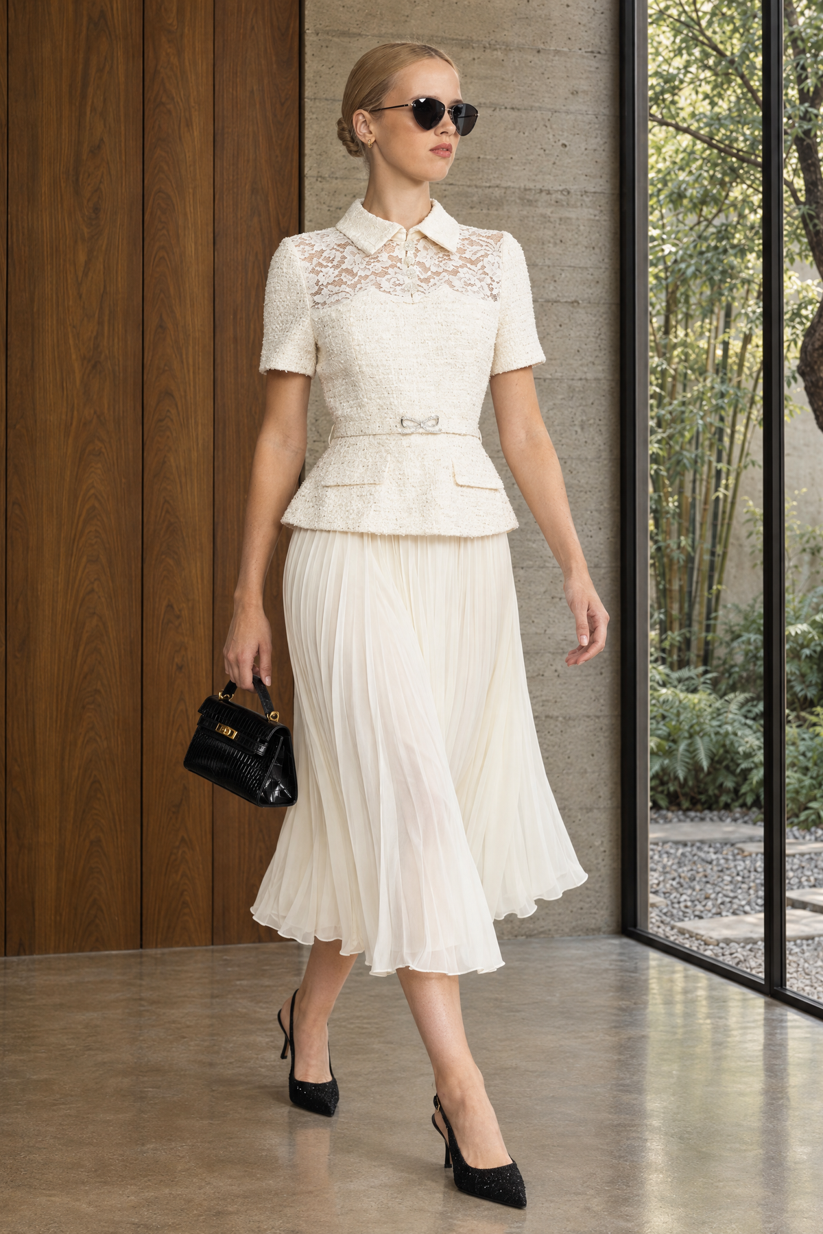 Domitille Ivoire Lace Yoke Tweed Peplum Dress with Pleated Skirt