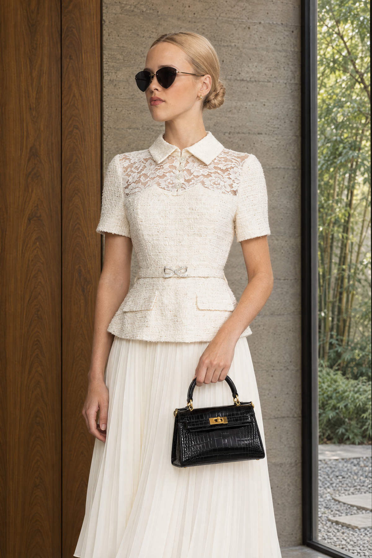 Domitille Ivoire Lace Yoke Tweed Peplum Dress with Pleated Skirt