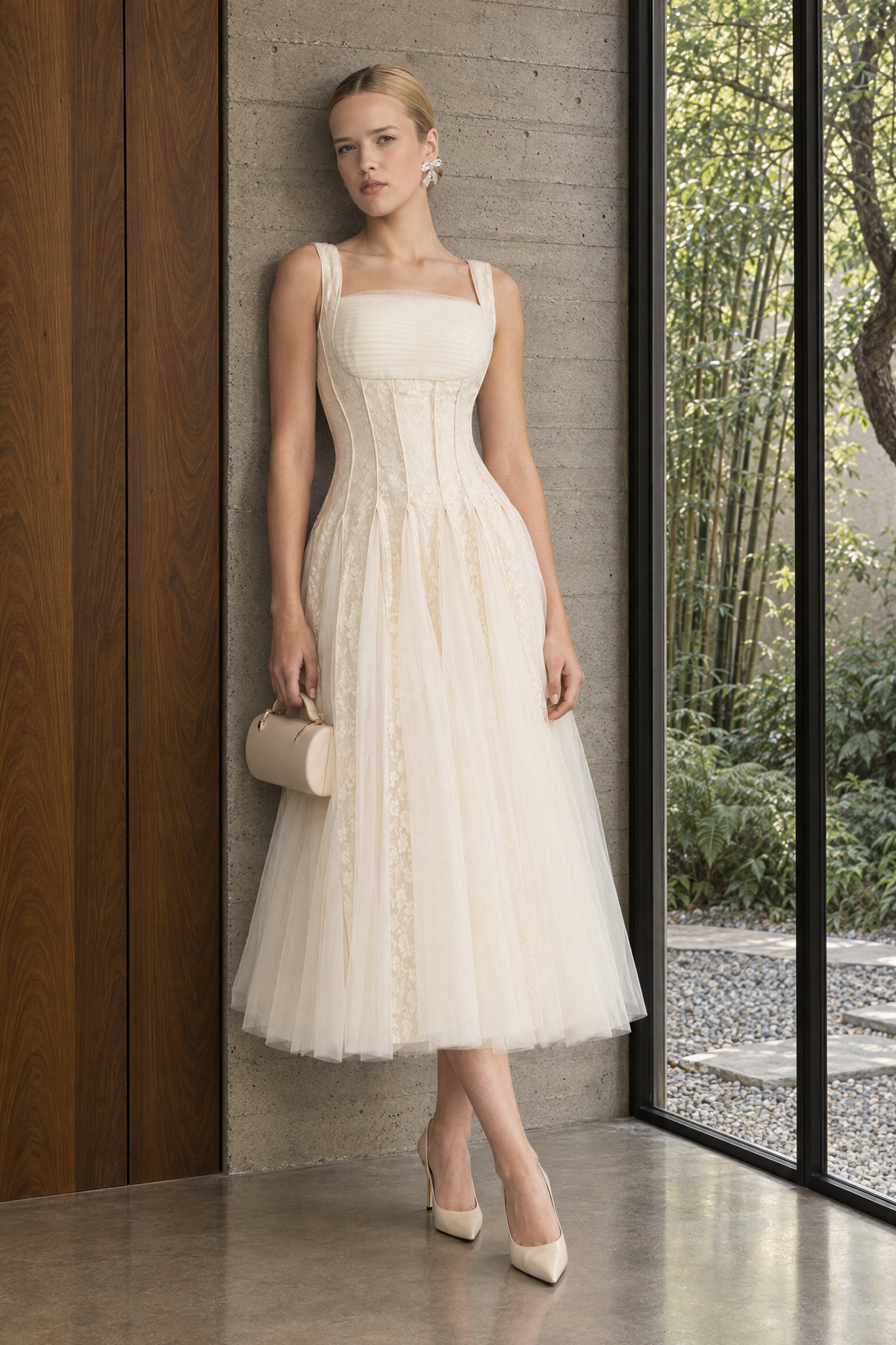 Églantine Ivoire Lace Panel Corset Tulle Midi Dress