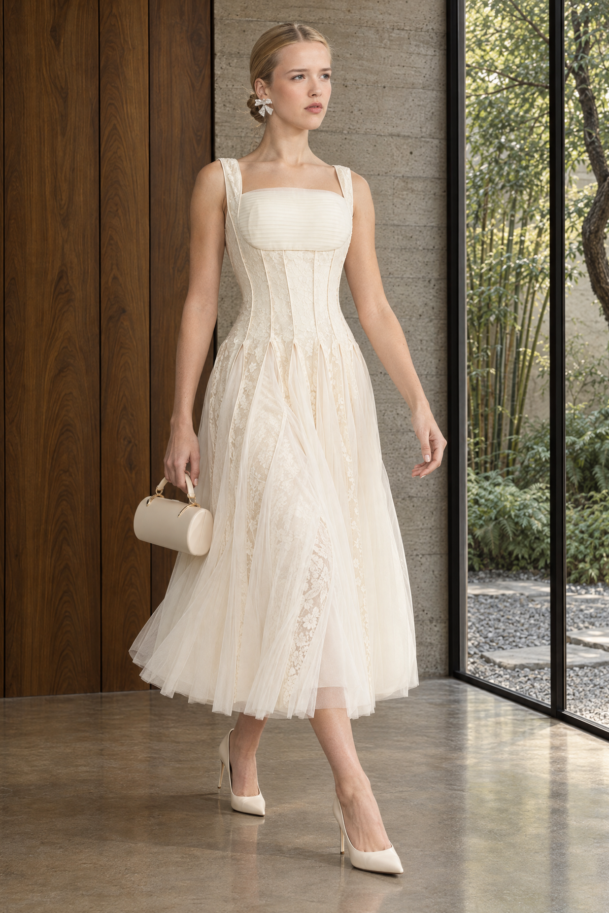Églantine Ivoire Lace Panel Corset Tulle Midi Dress