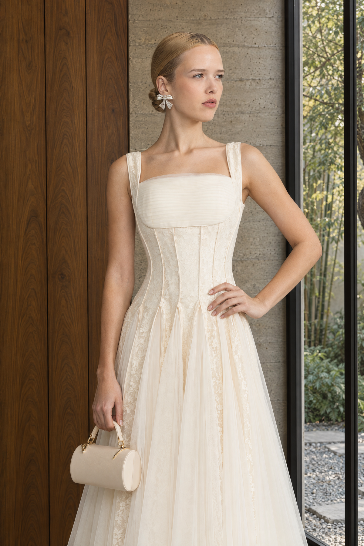 Églantine Ivoire Lace Panel Corset Tulle Midi Dress