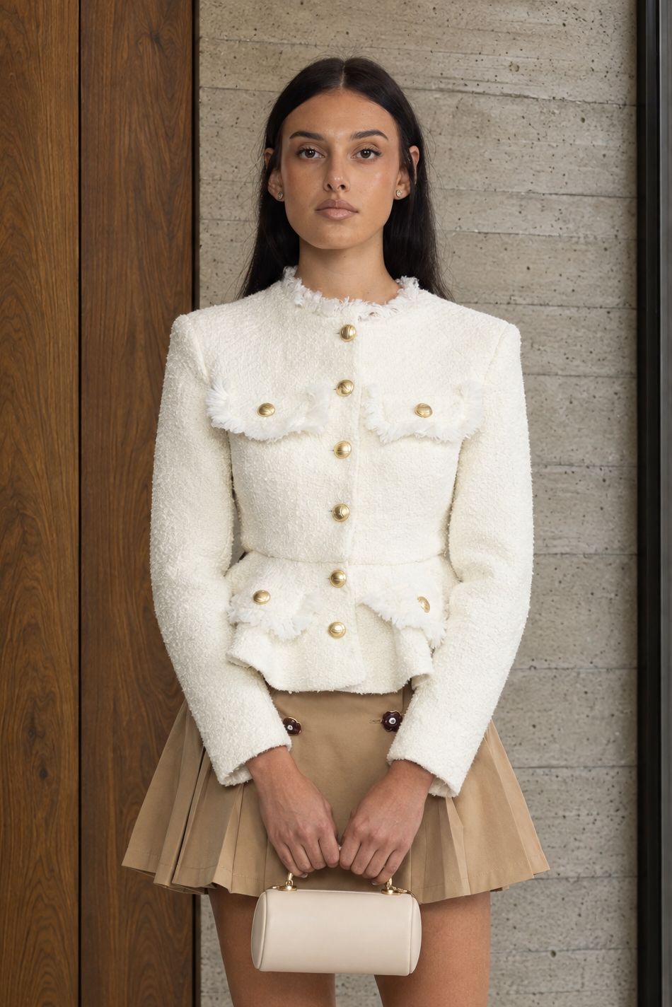 Frayed Trim Tweed Peplum Jacket - Ivoire