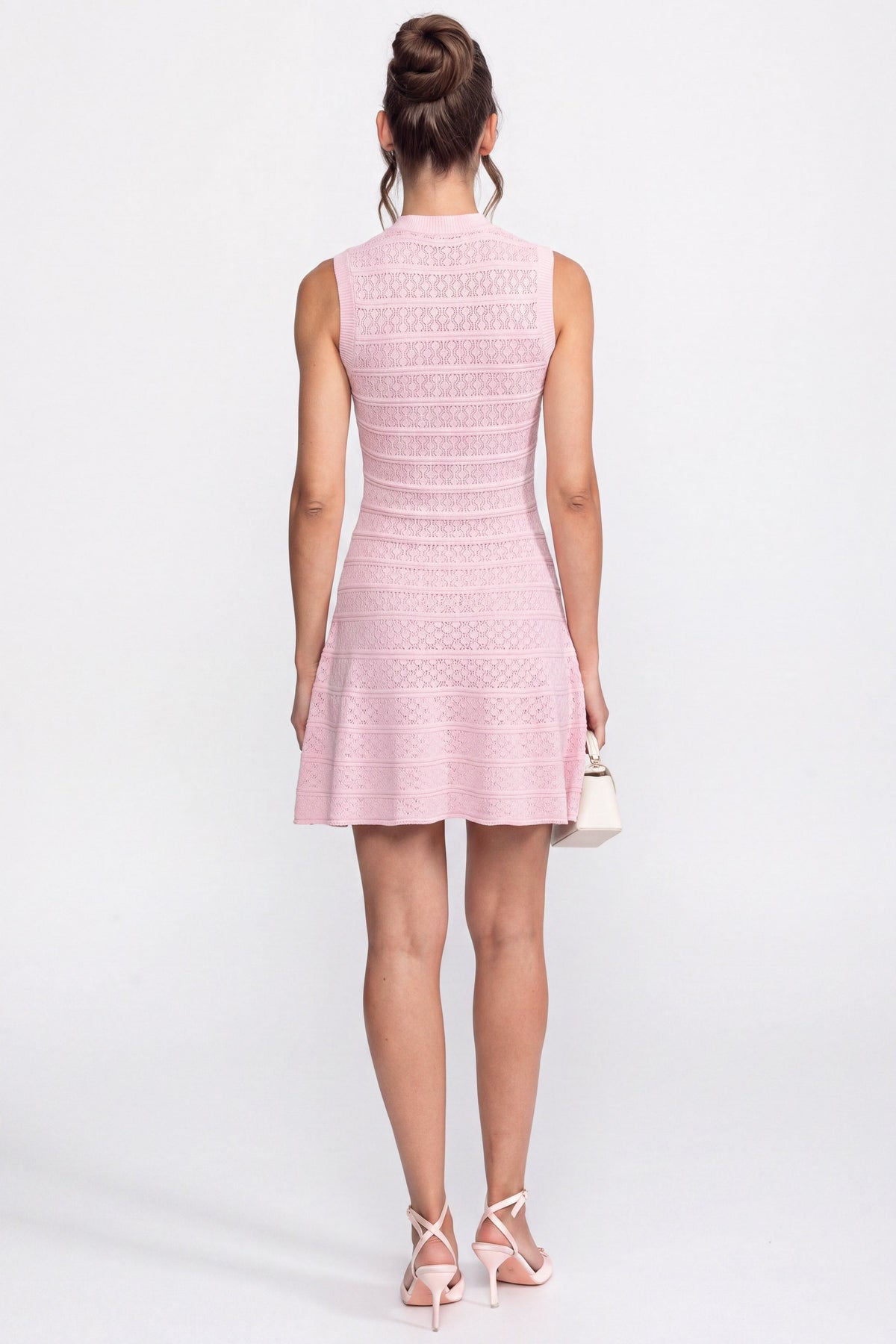 Button Front Knit Mini Dress With Round Neckline - Pink