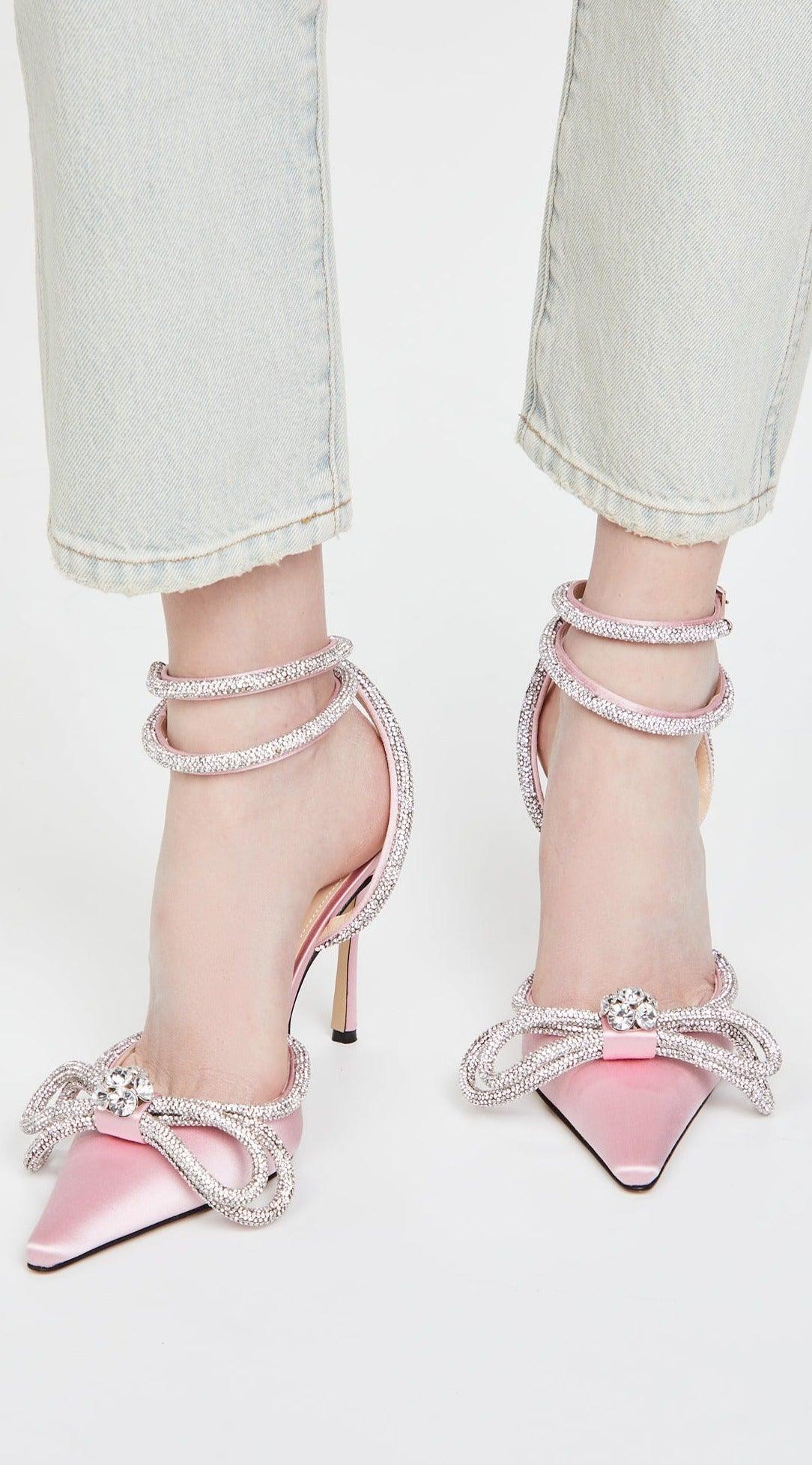 LUNA Midnight Double Crystal Bow Satin Pumps / High Heels -  Light Pink