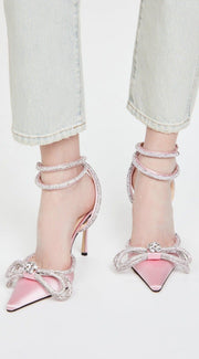 LUNA Midnight Double Crystal Bow Satin Pumps / High Heels -  Light Pink