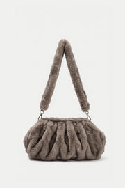 Faux Fur Shoulder Bag with Ruched Design – Khaki