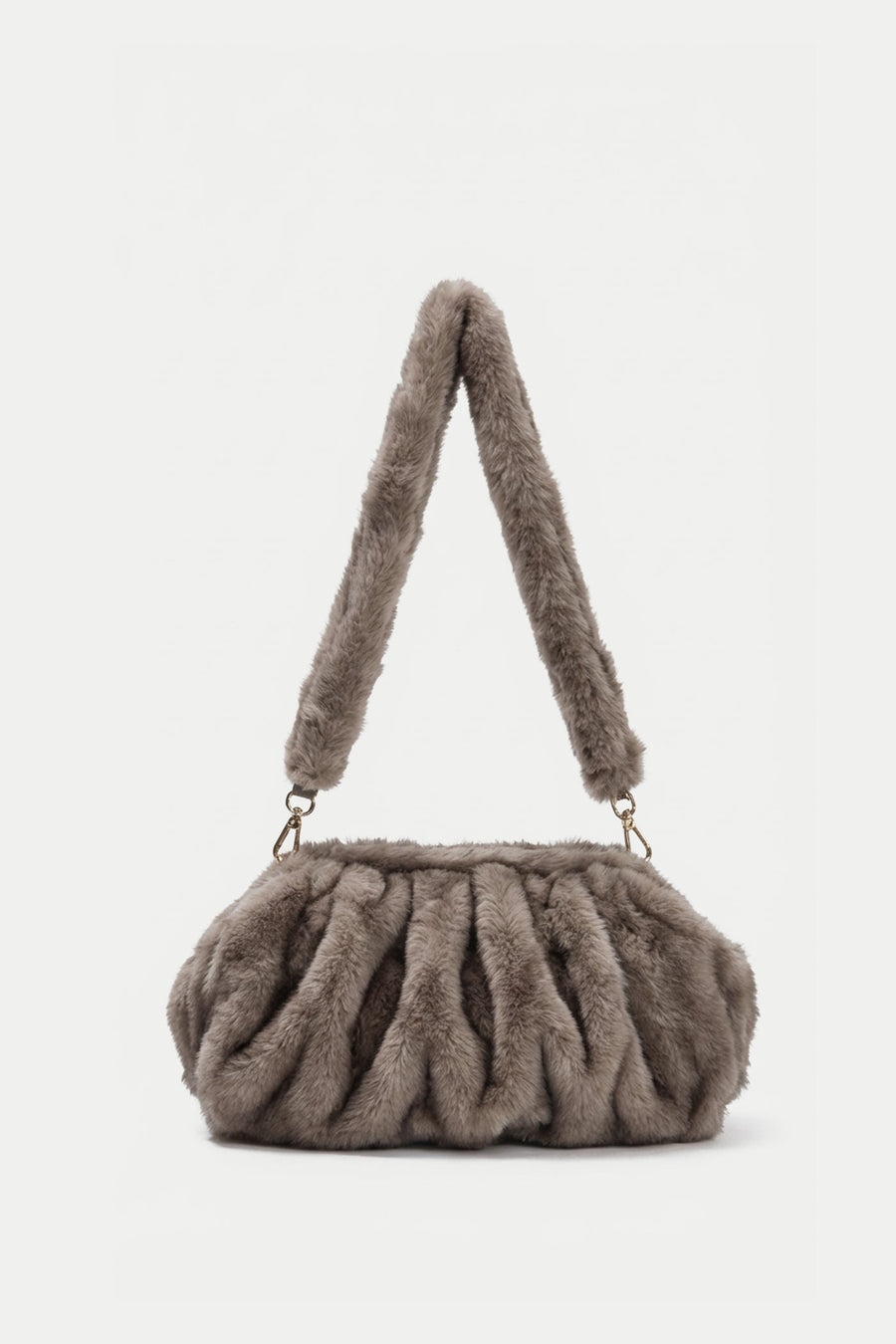 Faux Fur Shoulder Bag with Ruched Design – Khaki