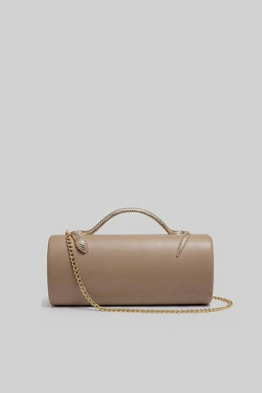 Structured Clutch Bag with Snake Handle And Gold Chain – Khaki