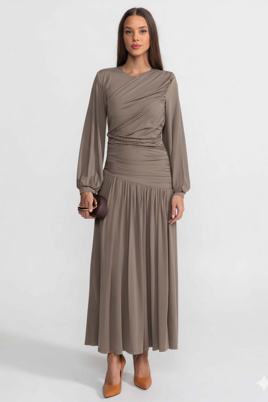 Draped Maxi Dress with Braided Waist Detail - Khaki