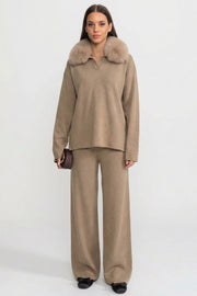 Elodie Khaki Knit Lounge Co-Ord Set with Fox Fur Collar