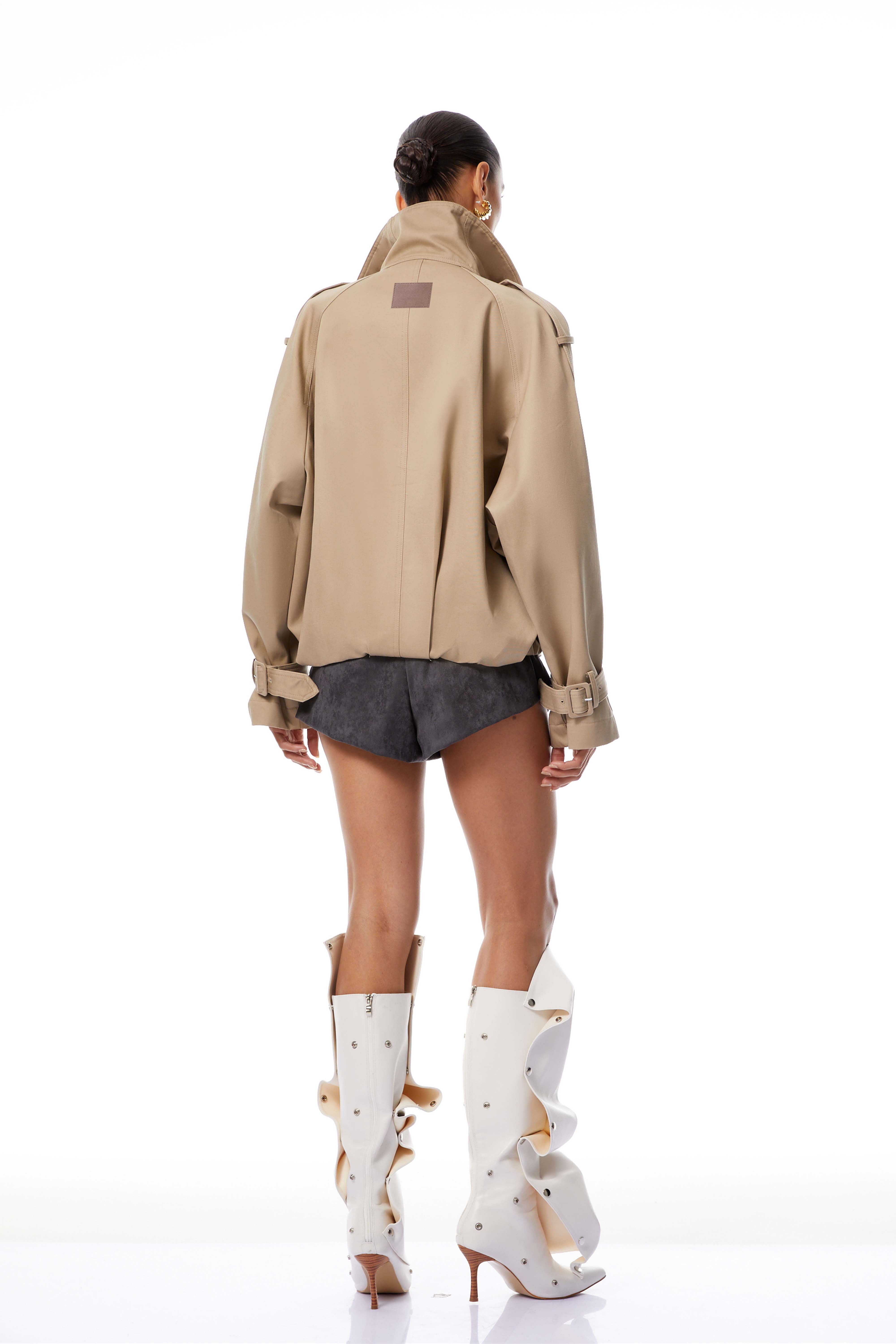 Eugenia Khaki Double-Breasted Short Trench Coat