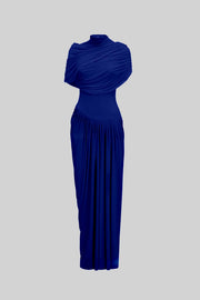 Elegant 3-Piece Maxi Dress With Ruched Details And Draping Skirt - Navy Blue