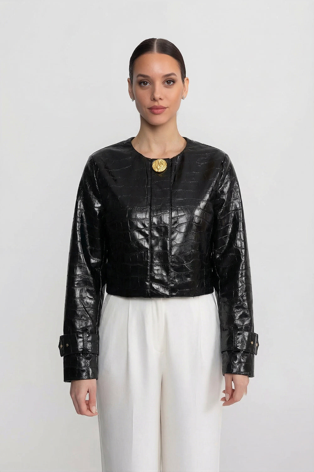 Croc-Effect Cropped Jacket With Gold Button Closure - Black