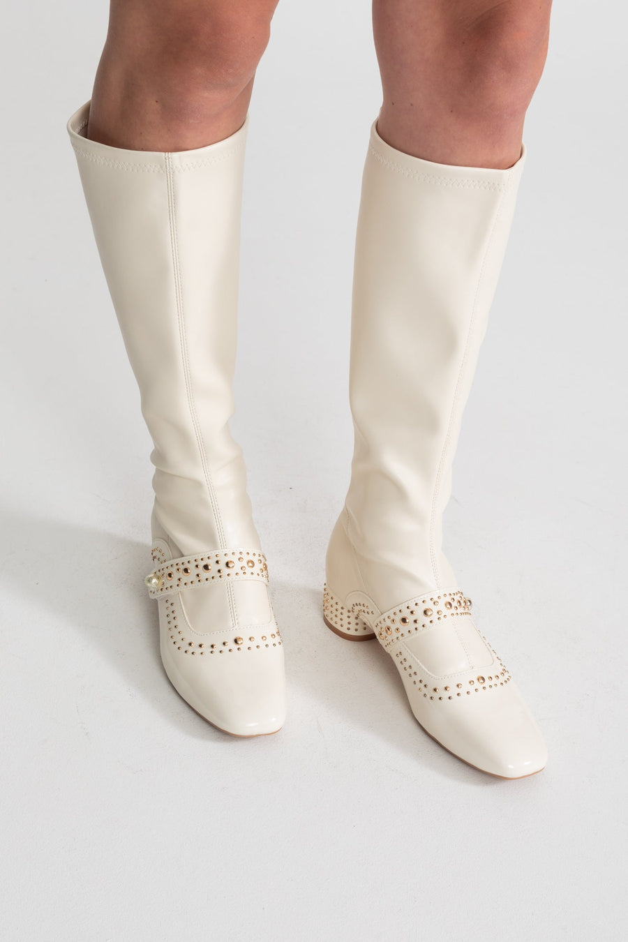 Studded Knee-High Boots With Pearl Strap Detail – Ivoire