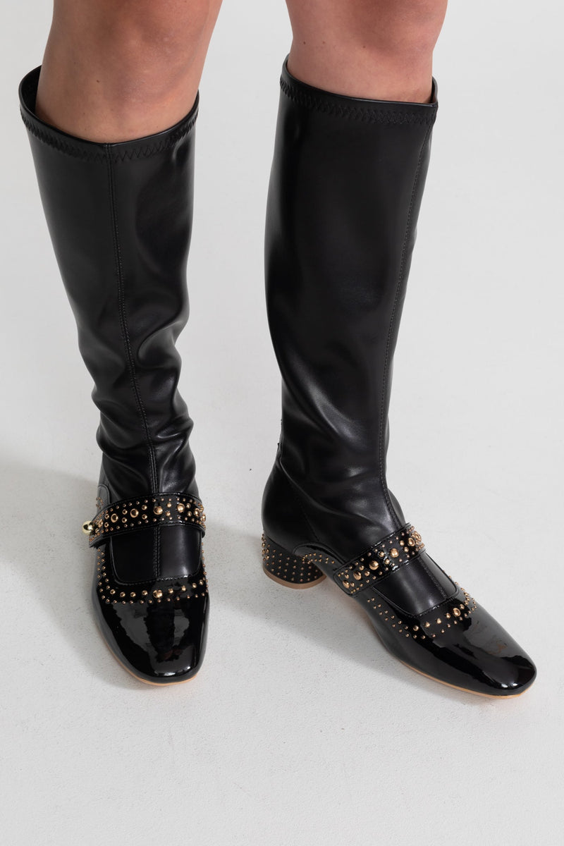 Studded Knee-High Boots With Pearl Strap Detail – Black