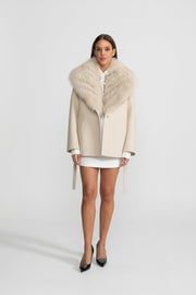 Wool Coat with Oversized Fur Collar And Belt - Beige