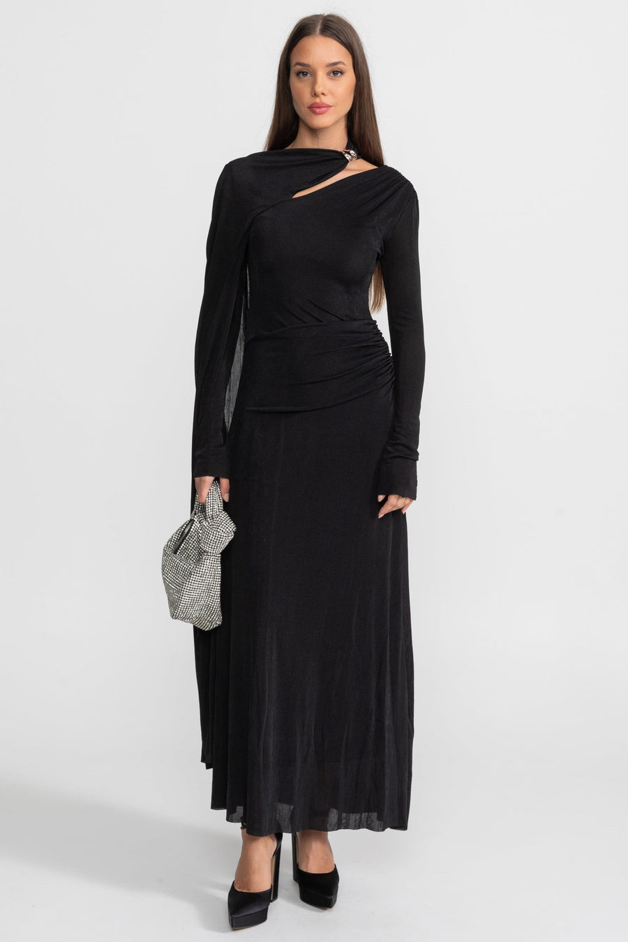 Elegant Draped Gown With Asymmetric Cutout – Black