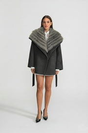 Wool Coat with Oversized Fur Collar And Belt - Gray