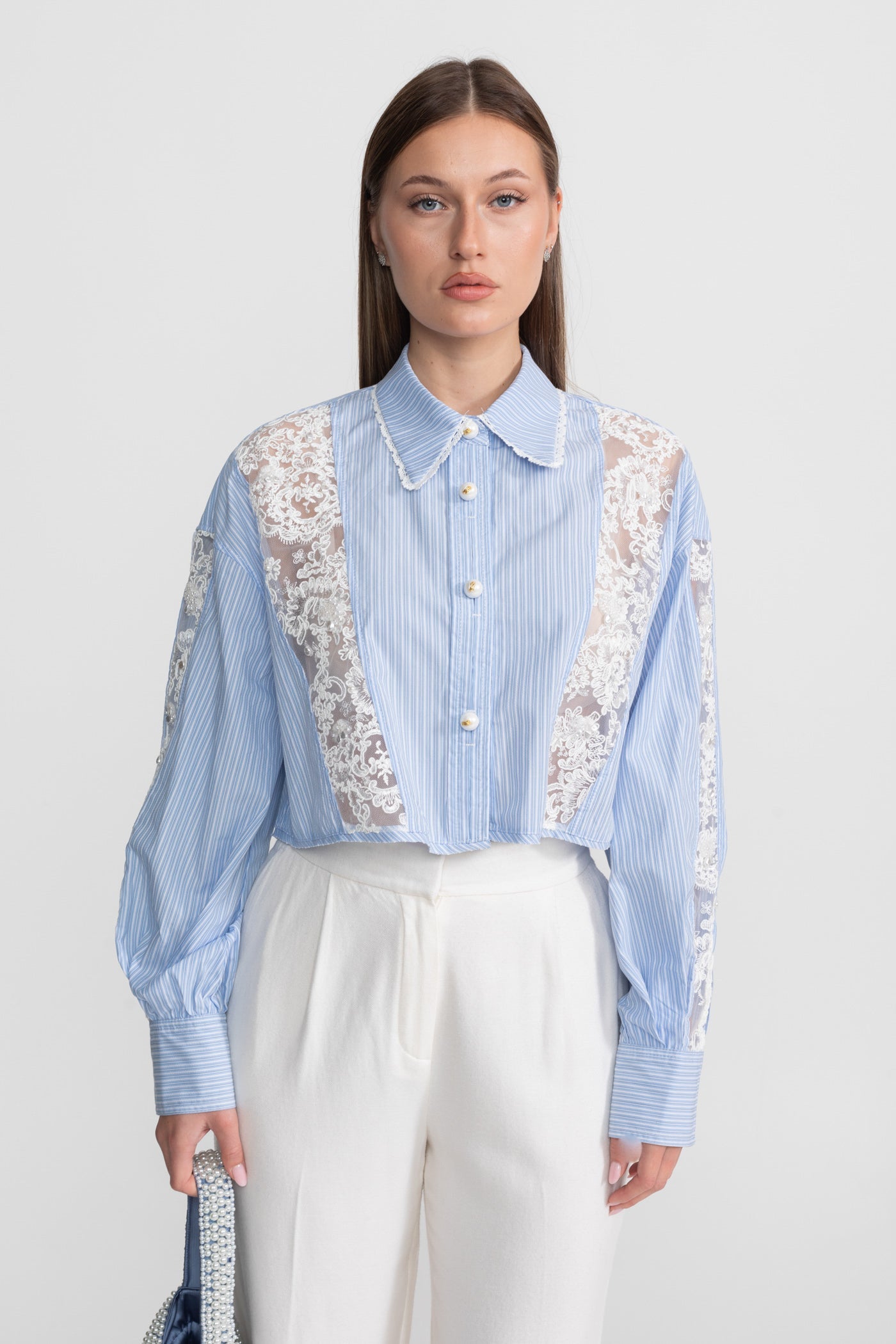 Striped Cotton and Lace Panel Shirt – Light Blue