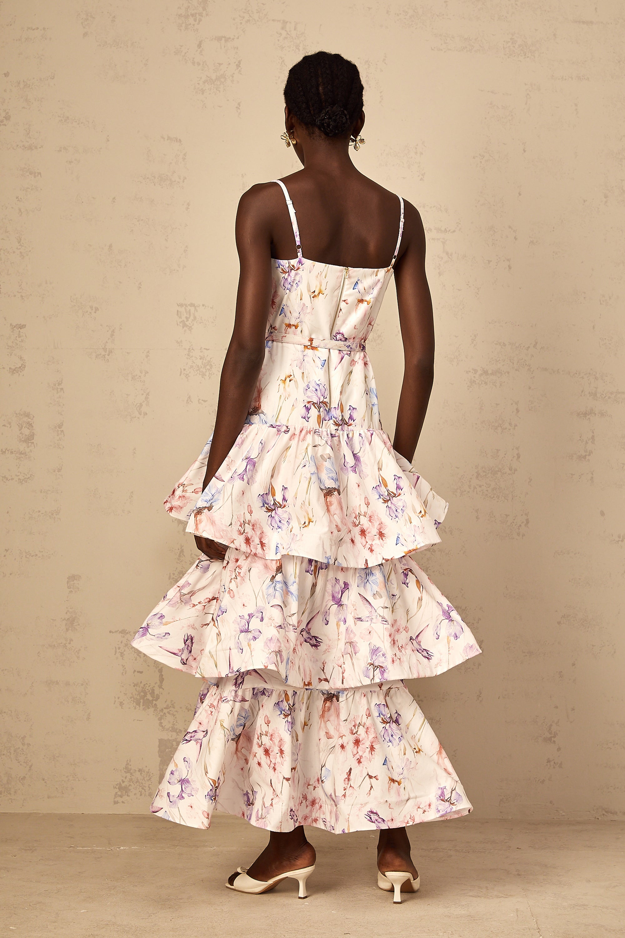 Géraldine White Floral Print Ruffled Tiered Maxi Dress