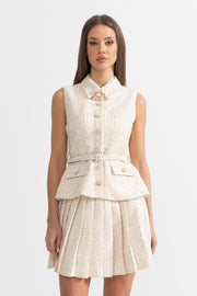 Sleeveless Textured Mini Dress With Pleated Skirt And Waistbelt - Ivoire
