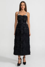 Anneliese Black Textured Tweed Midi Dress With Contrast Straps and Bow Detailing