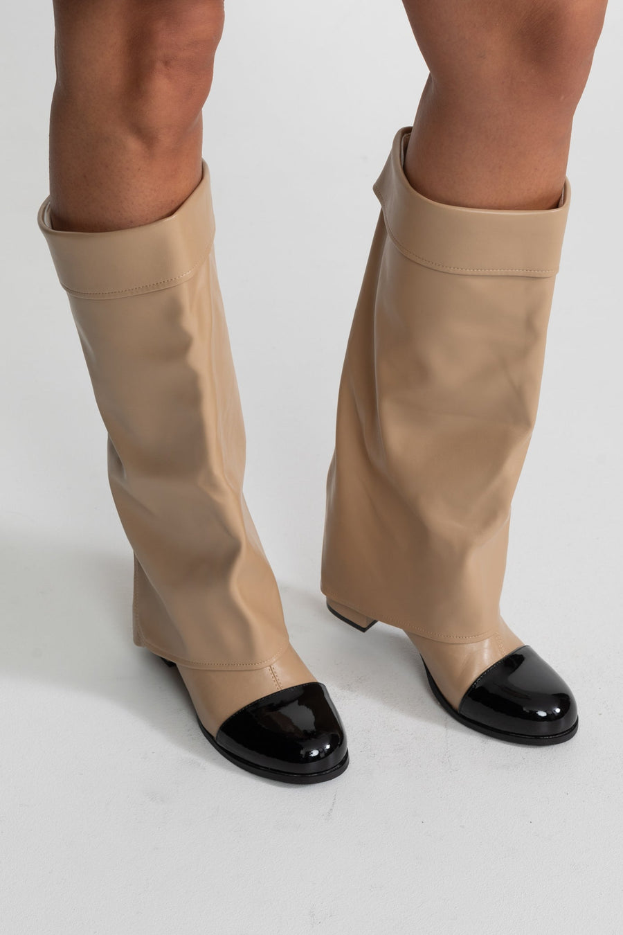 Folded Knee-High Boots With Patent Cap Toe – Beige/Black