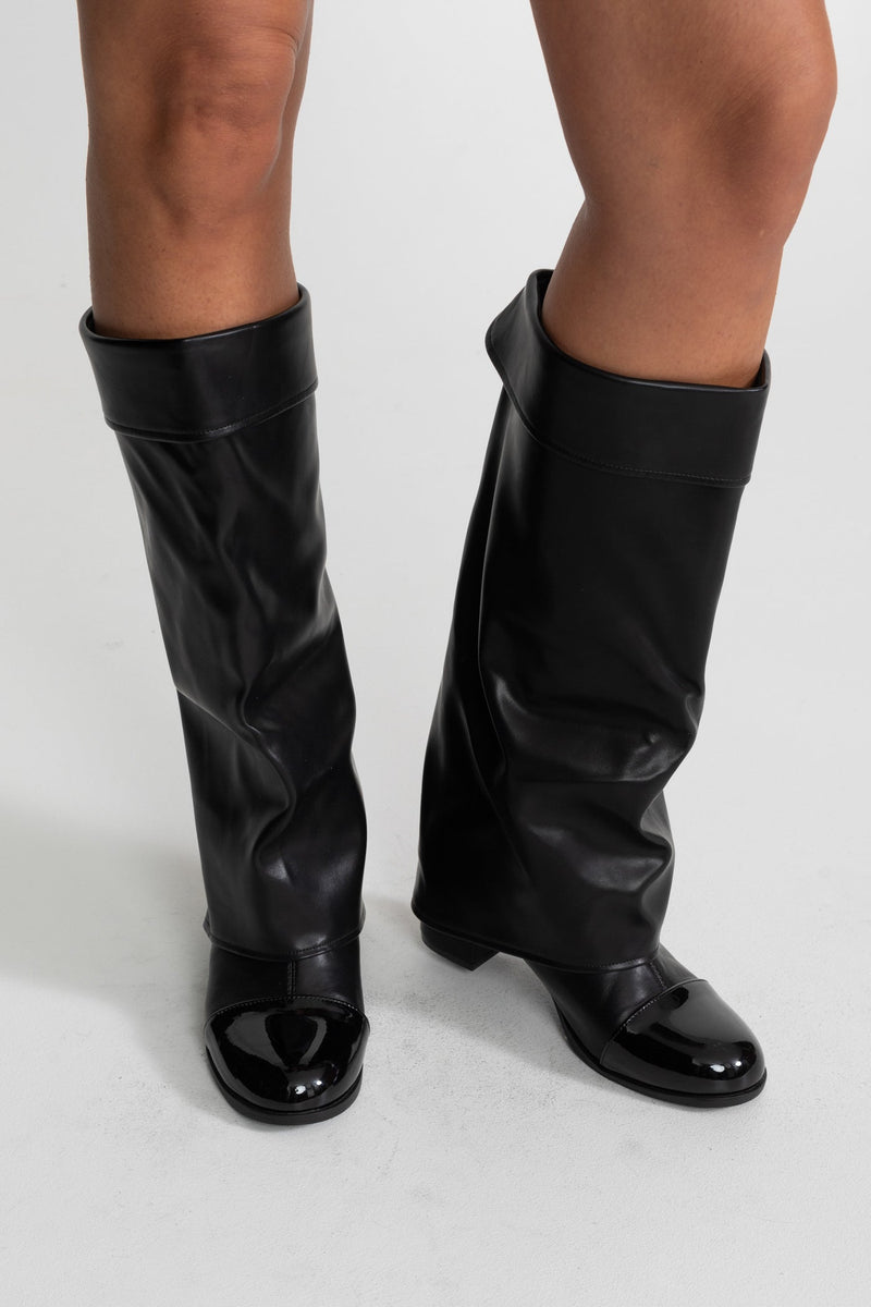 Folded Knee-High Boots With Patent Cap Toe – Black
