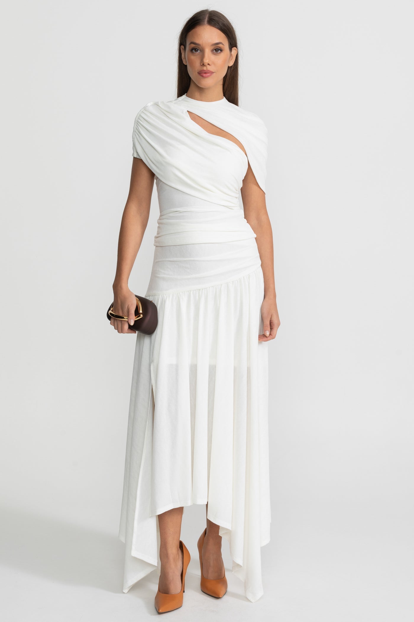 Asymmetric Jersey Co-Ord with Draped Shoulder and Cutout Detail - White