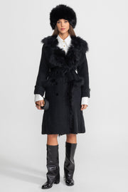Ariadne Black Double-Breasted Wool Knit Overcoat With Fur Trim