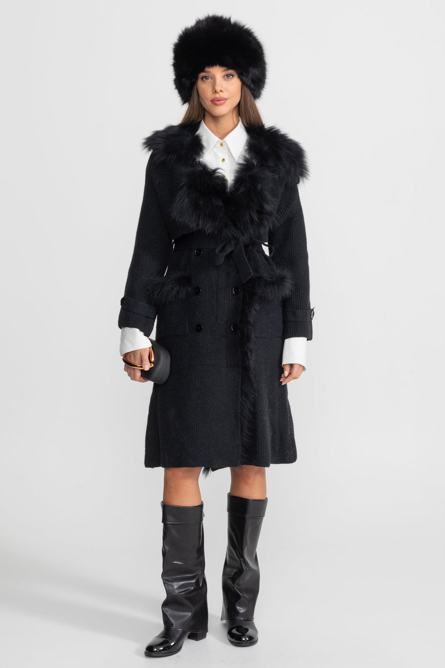 Ariadne Black Double-Breasted Wool Knit Overcoat With Fur Trim